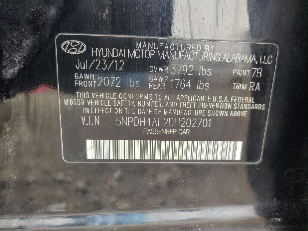 2013 Hyundai Elantra VIN 5NPDH4AE2DH202701 Copart auction photo, front end damage thumbnail 12