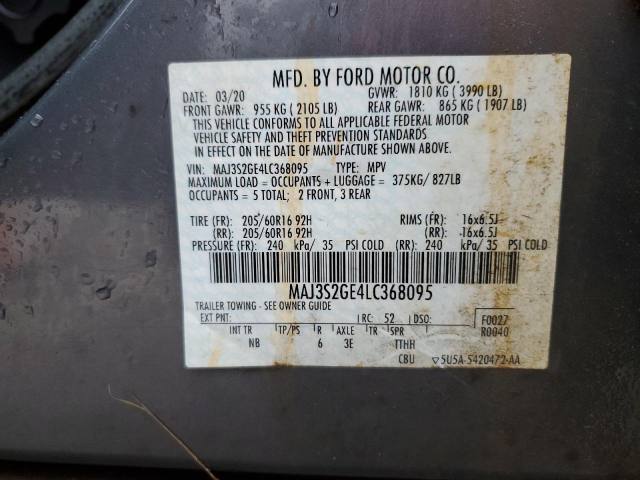 2020 Ford EcoSport VIN MAJ3S2GE4LC368095 Copart auction photo, front end / side damage thumbnail 14