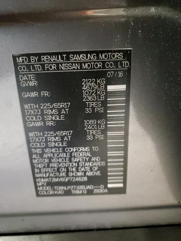 2016 Nissan Rogue VIN KNMAT2MV6GP724628 Copart auction photo, all over damage thumbnail 12