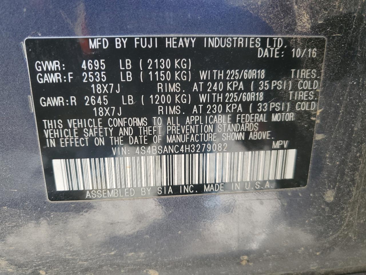 2017 Subaru Outback VIN 4S4BSANC4H3279082 Copart auction photo, rear end / side damage thumbnail 16