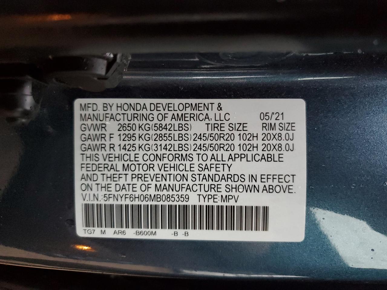 2021 Honda Pilot VIN 5FNYF6H06MB085359 Copart auction photo, rollover damage thumbnail 13