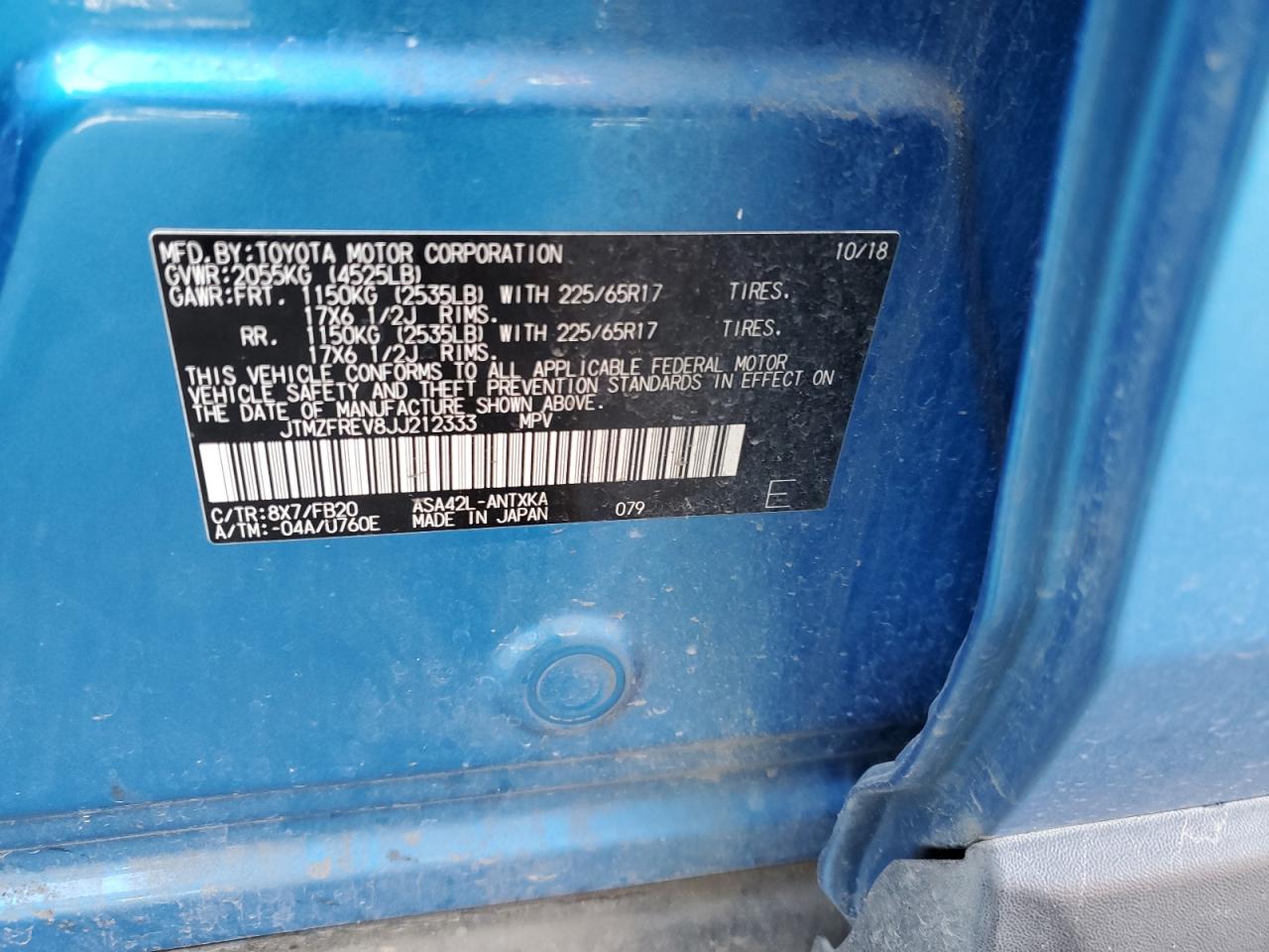 2018 Toyota RAV 4 VIN JTMZFREV8JJ212333 Copart auction photo, side / front end damage thumbnail 13