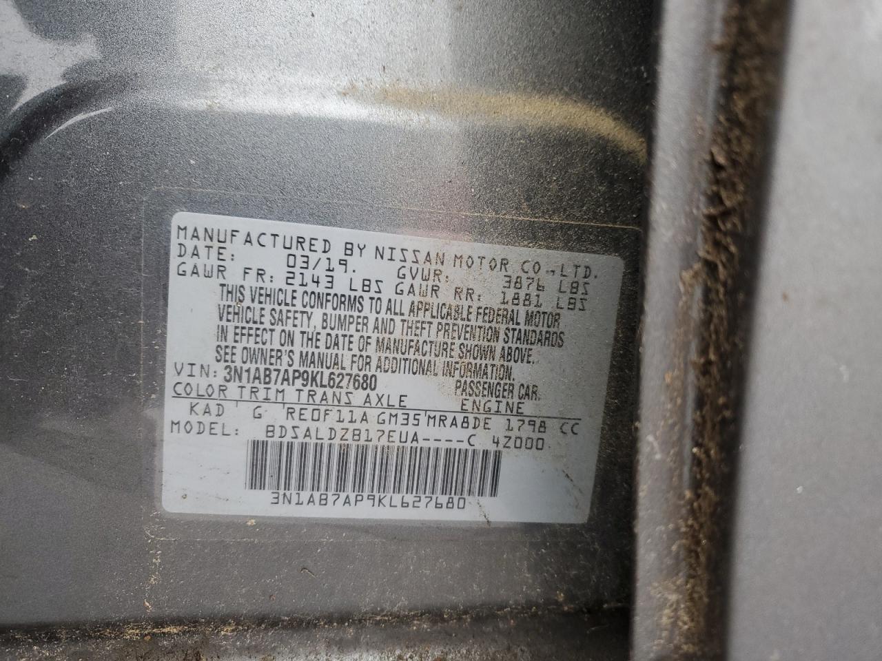 2019 Nissan Sentra VIN 3N1AB7AP9KL627680 Copart auction photo, all over damage thumbnail 12
