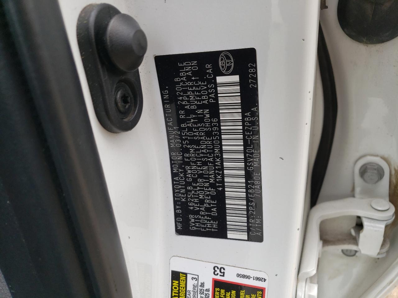 2021 Toyota Camry VIN 4T1KZ1AK3MU053936 Copart auction photo, hail / front end damage thumbnail 12