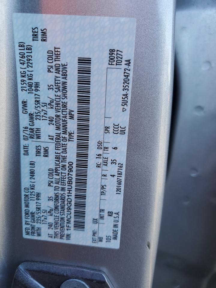 2017 Ford Escape VIN 1FMCU9GD1HUB07900 Copart auction photo, front end / rear end damage thumbnail 14