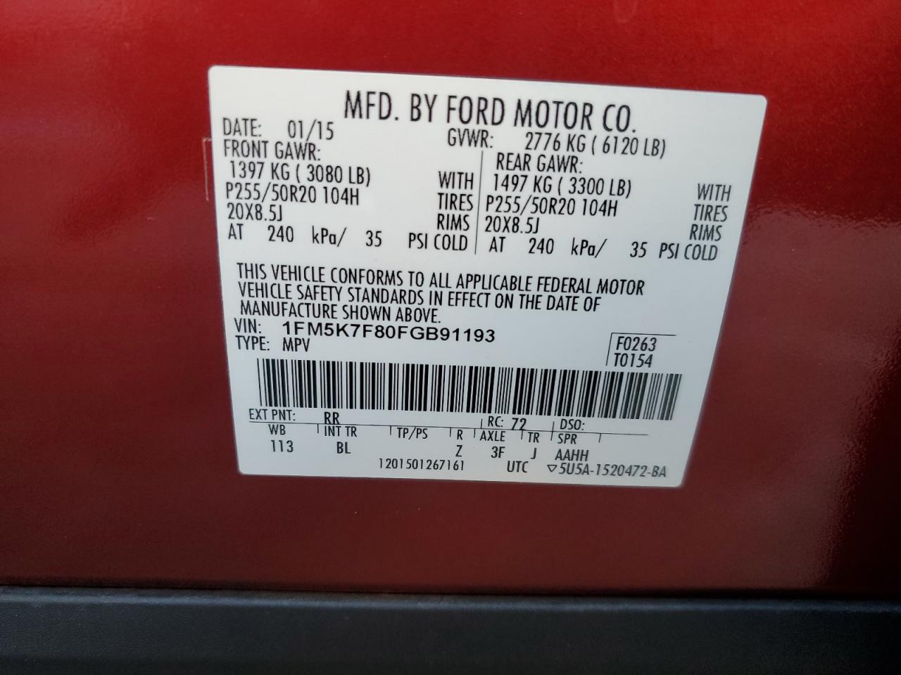 2015 Ford Explorer VIN 1FM5K7F80FGB91193 Copart auction photo, side / front end damage thumbnail 12