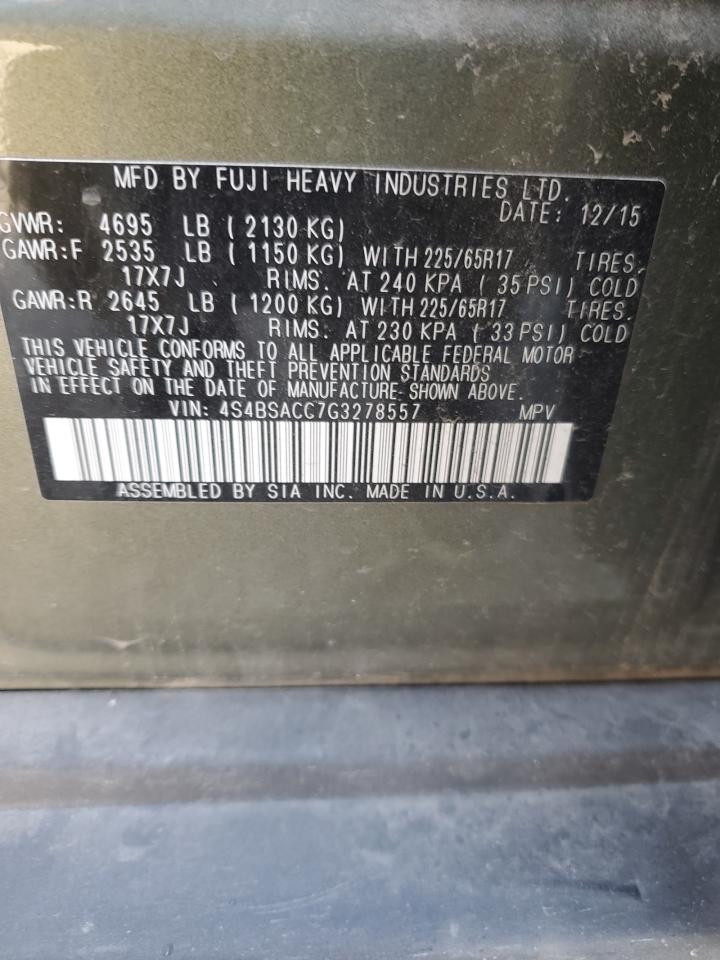 2016 Subaru Outback VIN 4S4BSACC7G3278557 Copart auction photo, front end damage thumbnail 14