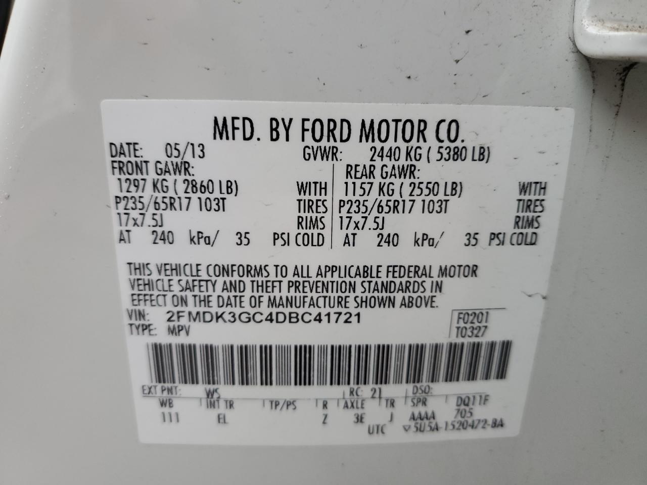 2013 Ford Edge VIN 2FMDK3GC4DBC41721 Copart auction photo, front end damage thumbnail 12