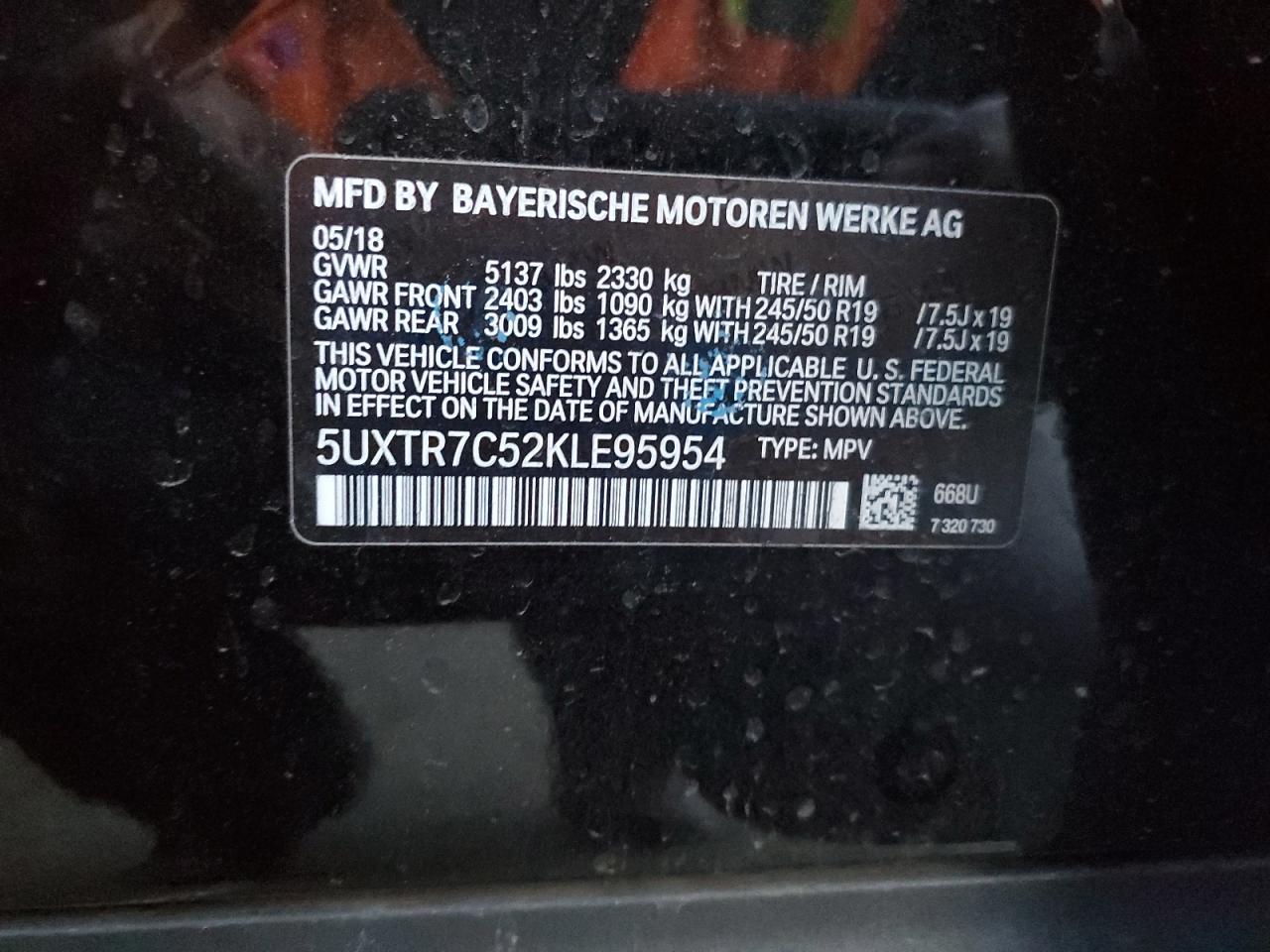 2019 BMW X3 VIN 5UXTR7C52KLE95954 Copart auction photo, all over damage thumbnail 14