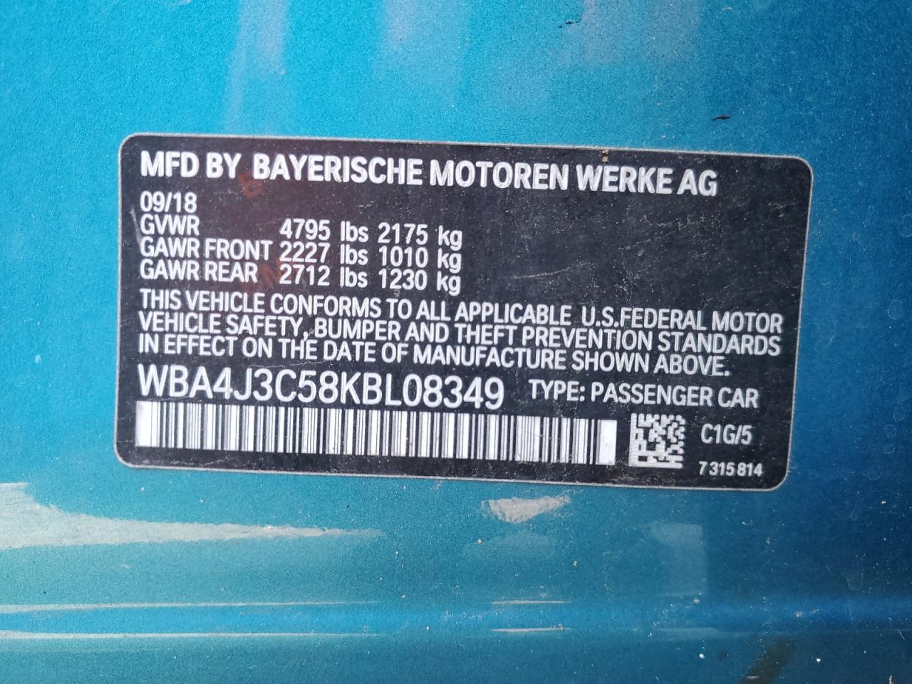 2019 BMW 4er VIN WBA4J3C58KBL08349 Copart auction photo, front end damage thumbnail 13