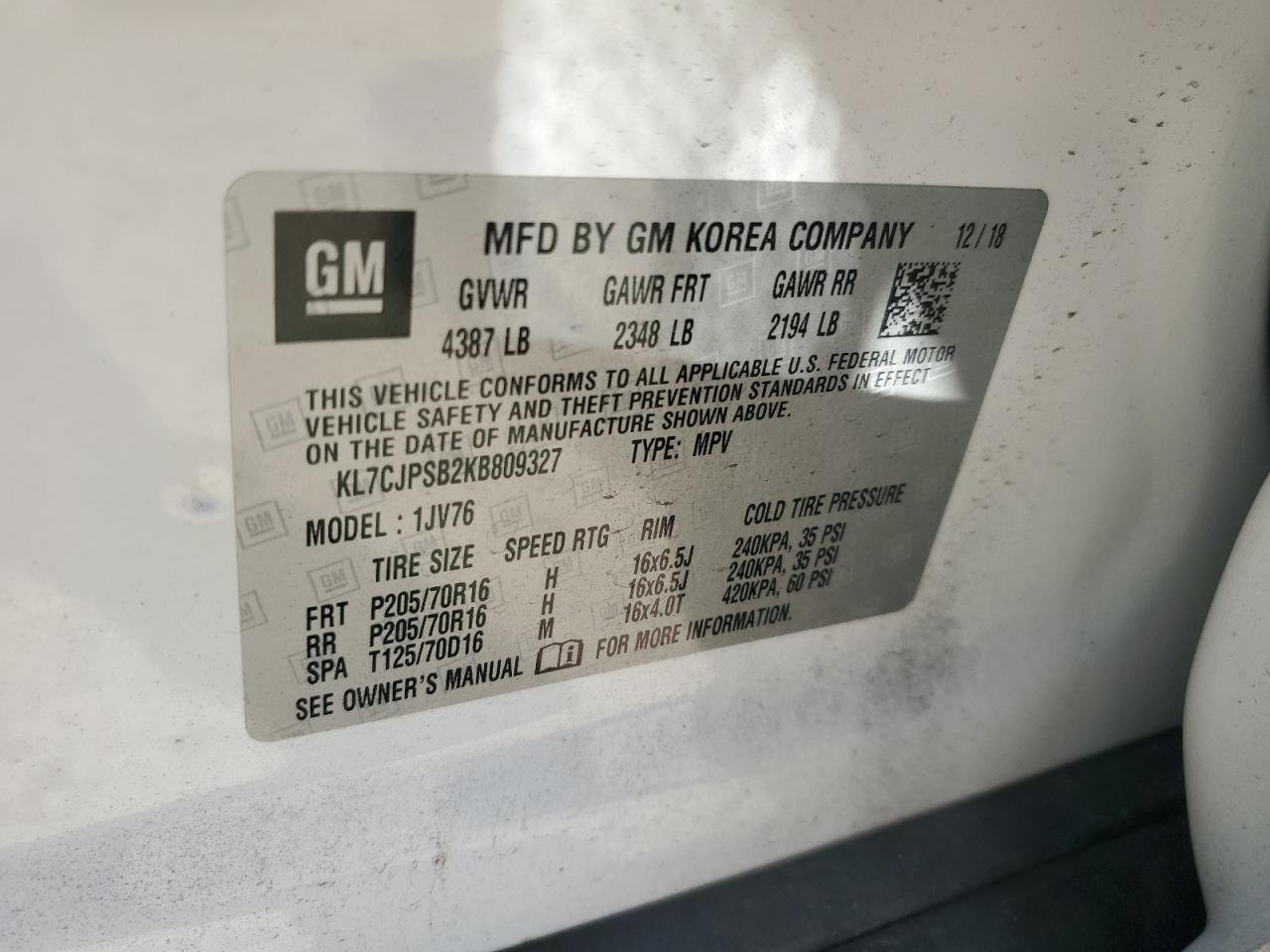 2019 Chevrolet Trax VIN KL7CJPSB2KB809327 Copart auction photo, all over damage thumbnail 12