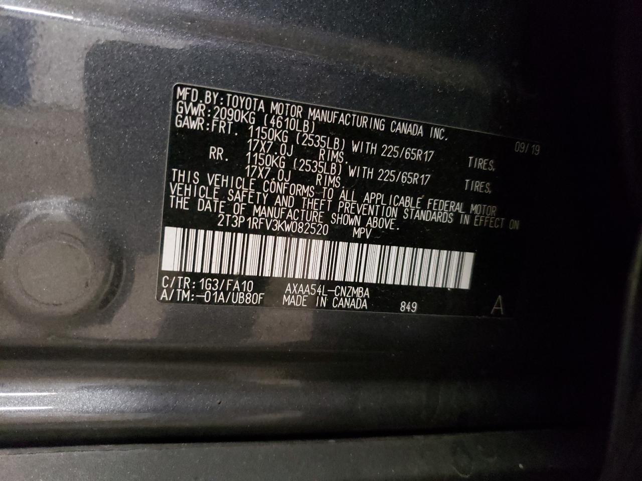 2019 Toyota RAV 4 VIN 2T3P1RFV3KW082520 Copart auction photo, front end damage thumbnail 15