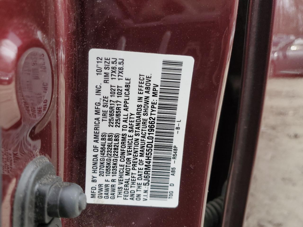 2013 Honda CR-V VIN 5J6RM4H55DL019662 Copart auction photo, front end damage thumbnail 15