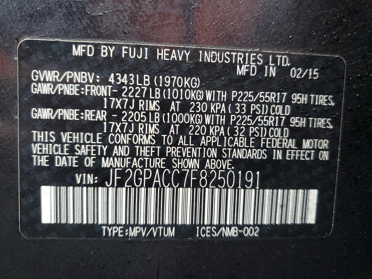 2015 Subaru XV VIN JF2GPACC7F8250191 Copart auction photo, front end / minor dent/scratches damage thumbnail 14