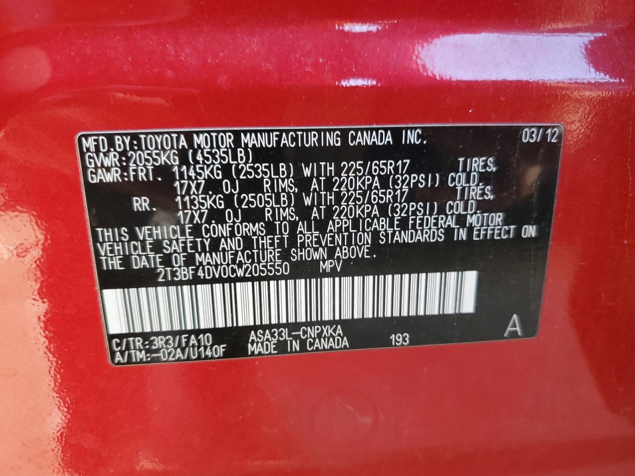 2012 Toyota RAV 4 VIN 2T3BF4DV0CW205550 Copart auction photo, front end / side damage thumbnail 16