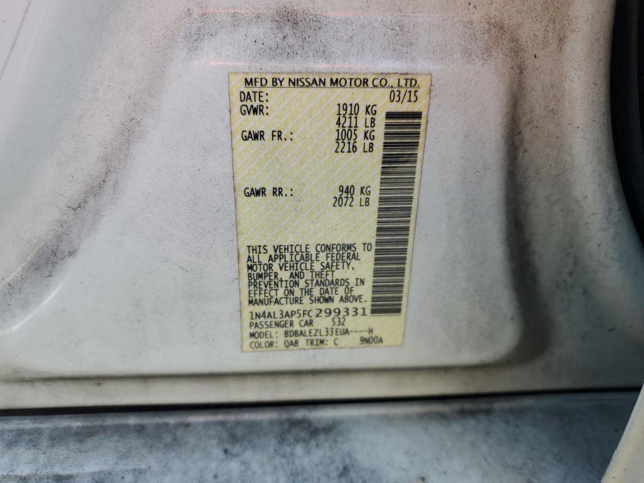 2015 Nissan Altima VIN 1N4AL3AP5FC299331 Copart auction photo, mechanical / front end damage thumbnail 12