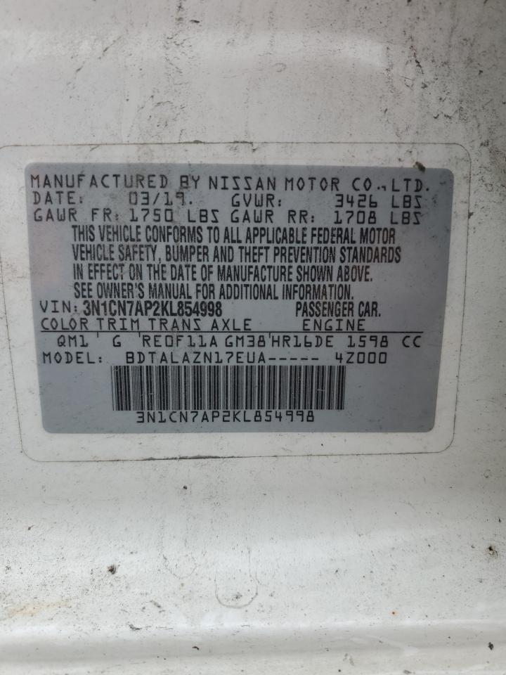 2019 Nissan Versa VIN 3N1CN7AP2KL854998 Copart auction photo, all over damage thumbnail 12