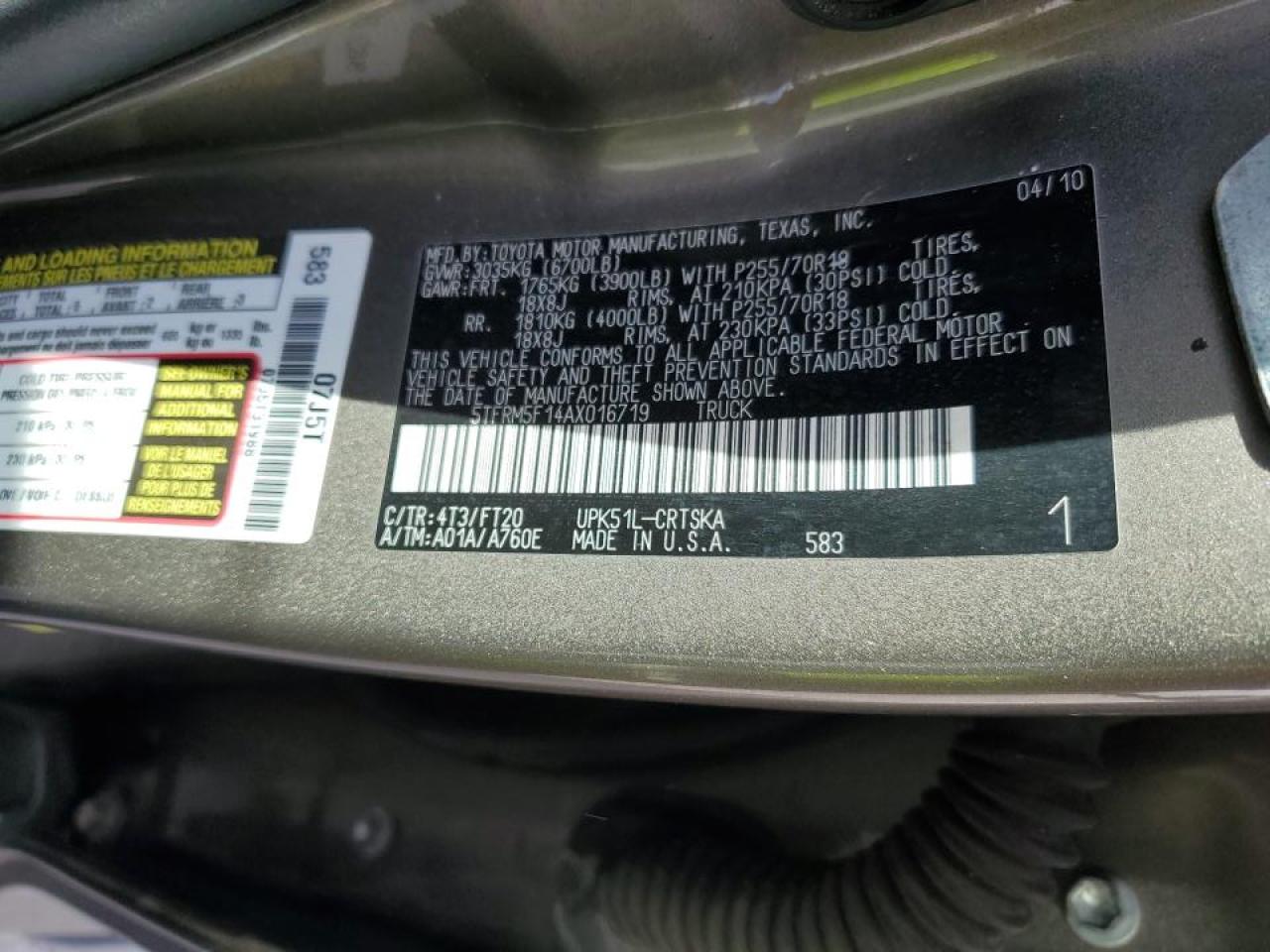 2010 Toyota Tundra VIN 5TFRM5F14AX016719 Copart auction photo, normal wear damage thumbnail 12