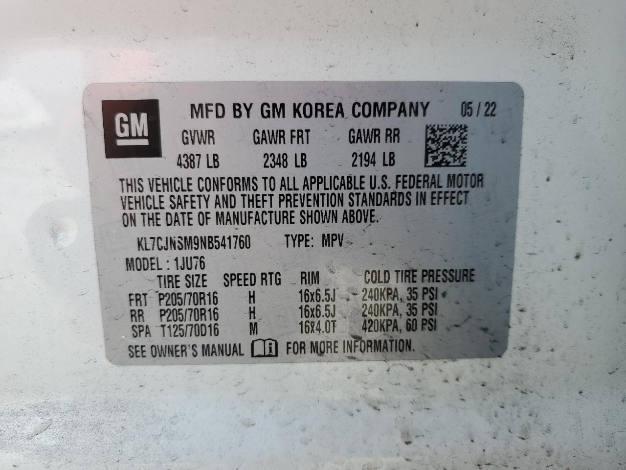 2022 Chevrolet Trax VIN KL7CJNSM9NB541760 Copart auction photo, rear end damage thumbnail 13