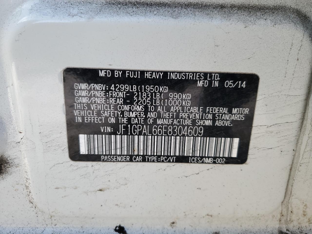 2014 Subaru Impreza VIN JF1GPAL66E8304609 Copart auction photo, front end damage thumbnail 13