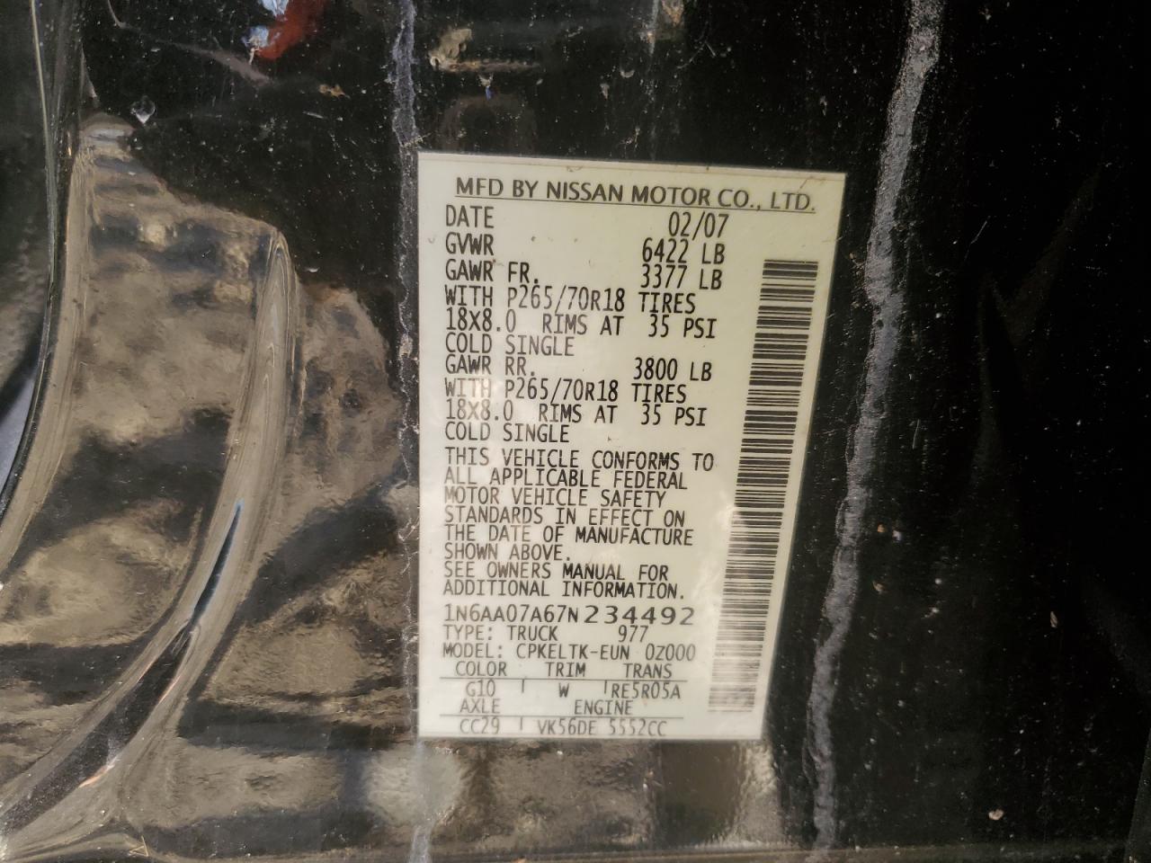 2007 Nissan Titan VIN 1N6AA07A67N234492 Copart auction photo, front end damage thumbnail 12