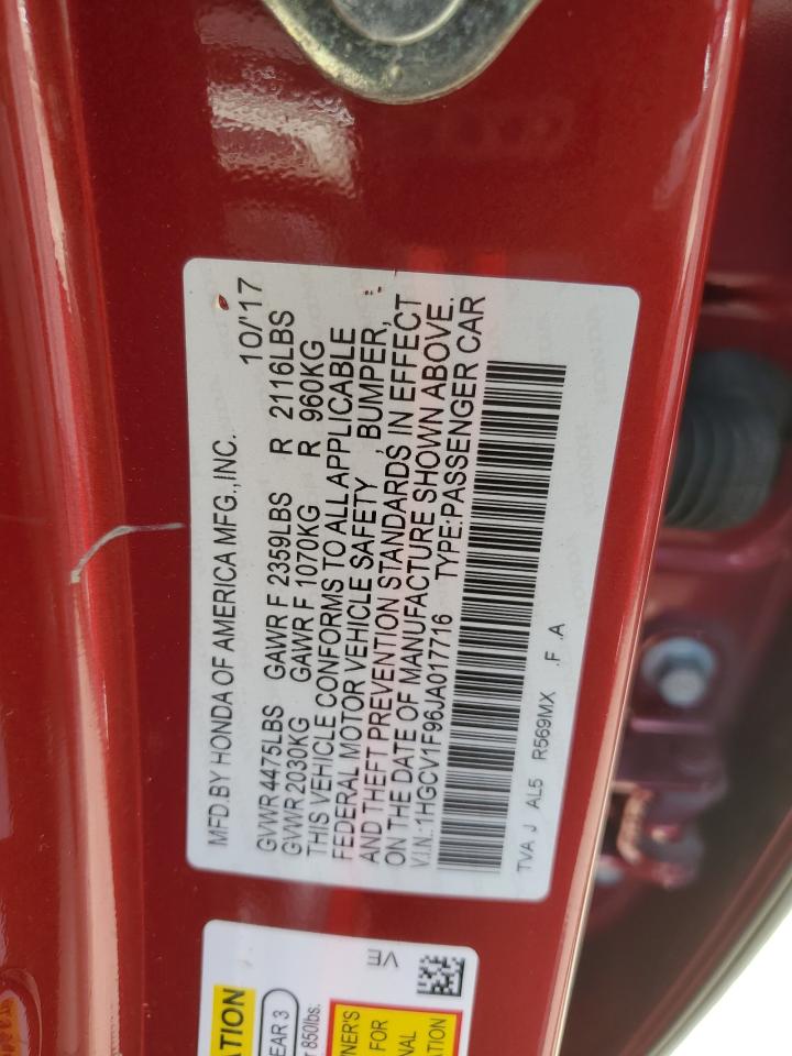 2018 Honda Accord VIN 1HGCV1F96JA017716 Copart auction photo, all over damage thumbnail 13