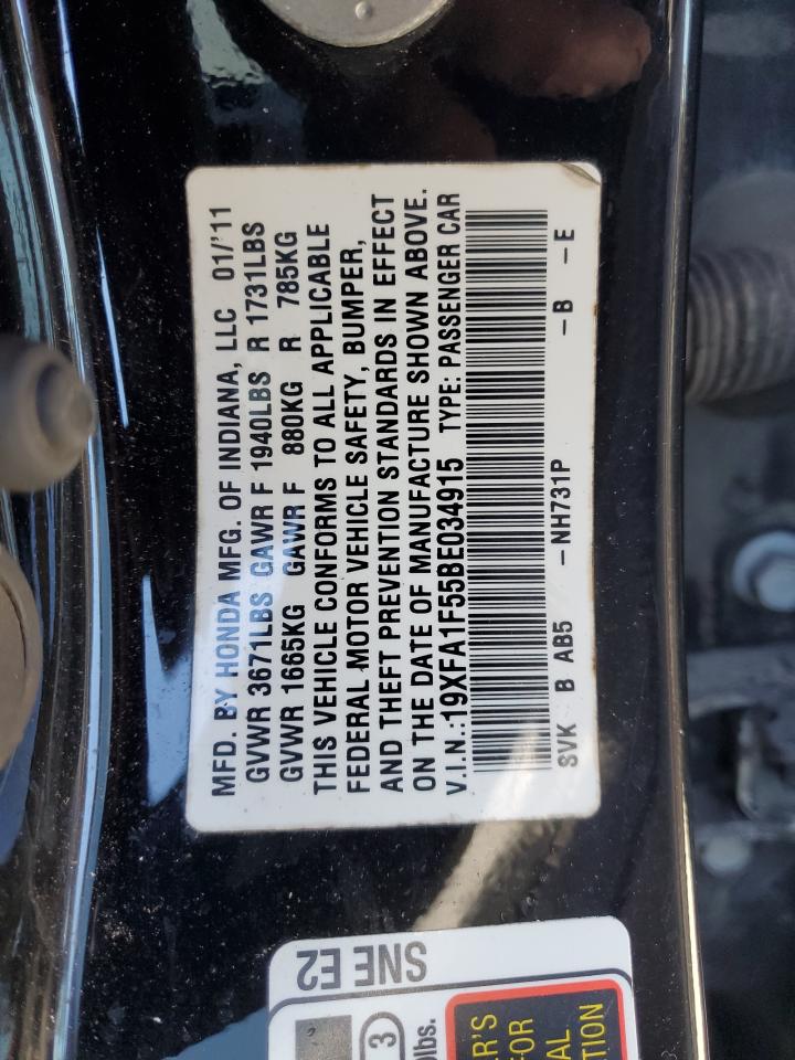 2011 Honda Civic VIN 19XFA1F55BE034915 Copart auction photo, rear end / side damage thumbnail 12
