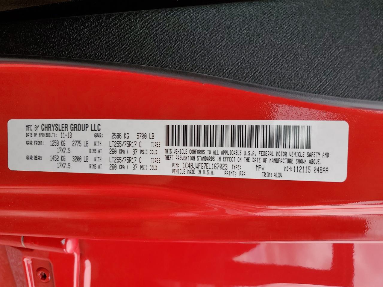 2014 Jeep Wrangler VIN 1C4BJWFG7EL167023 Copart auction photo, side / front end damage thumbnail 13