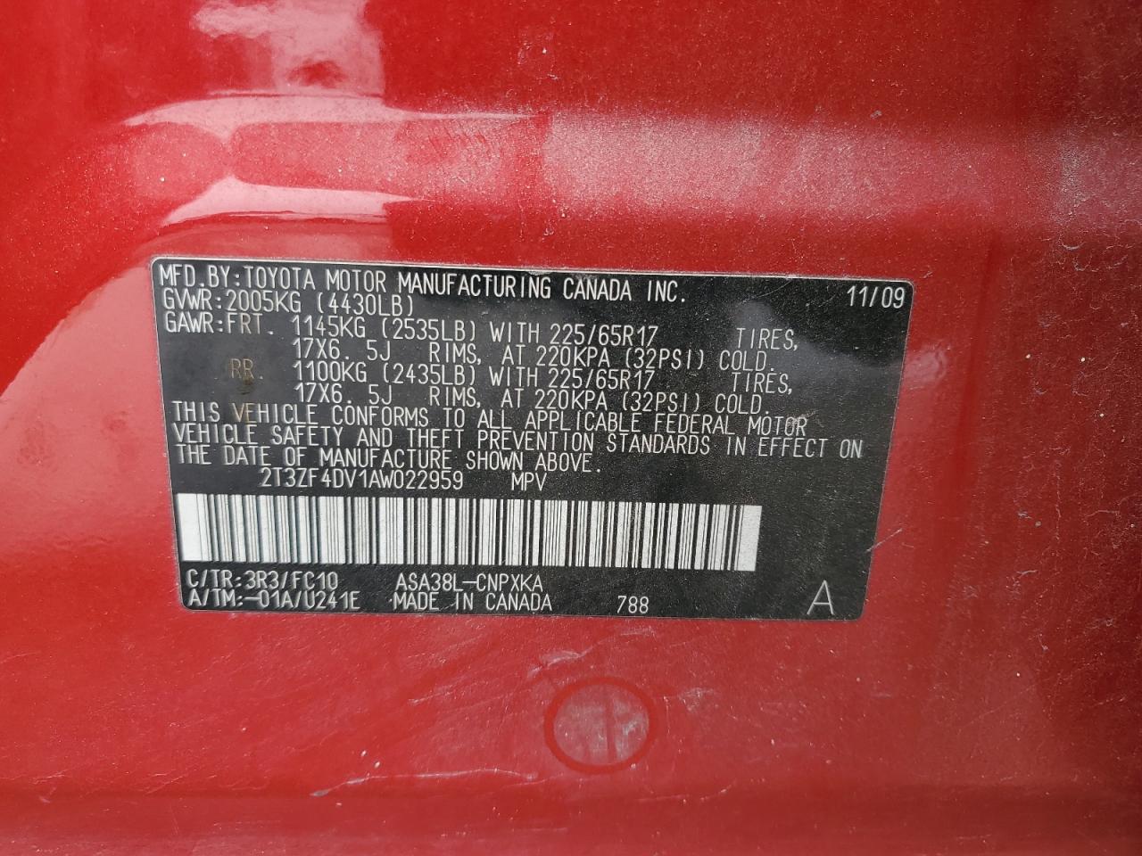2010 Toyota RAV 4 VIN 2T3ZF4DV1AW022959 Copart auction photo, rear end / front end damage thumbnail 15