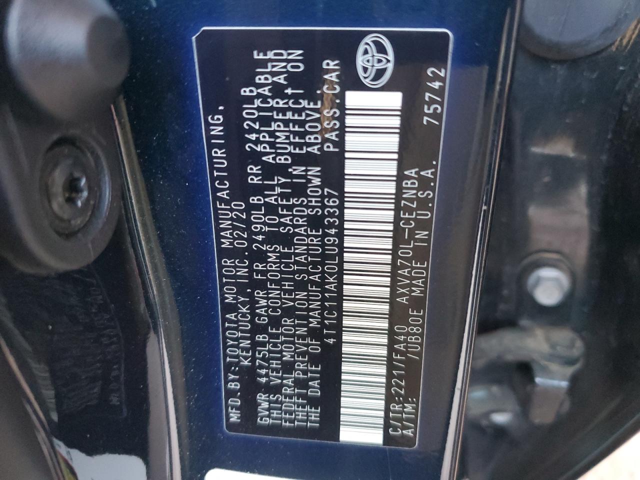 2020 Toyota Camry VIN 4T1C11AK0LU943367 Copart auction photo, front end damage thumbnail 14