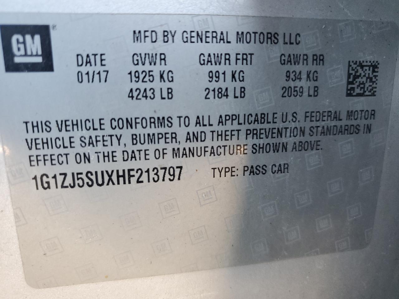 2017 Chevrolet Malibu VIN 1G1ZJ5SUXHF213797 Copart auction photo, rear end / side damage thumbnail 14