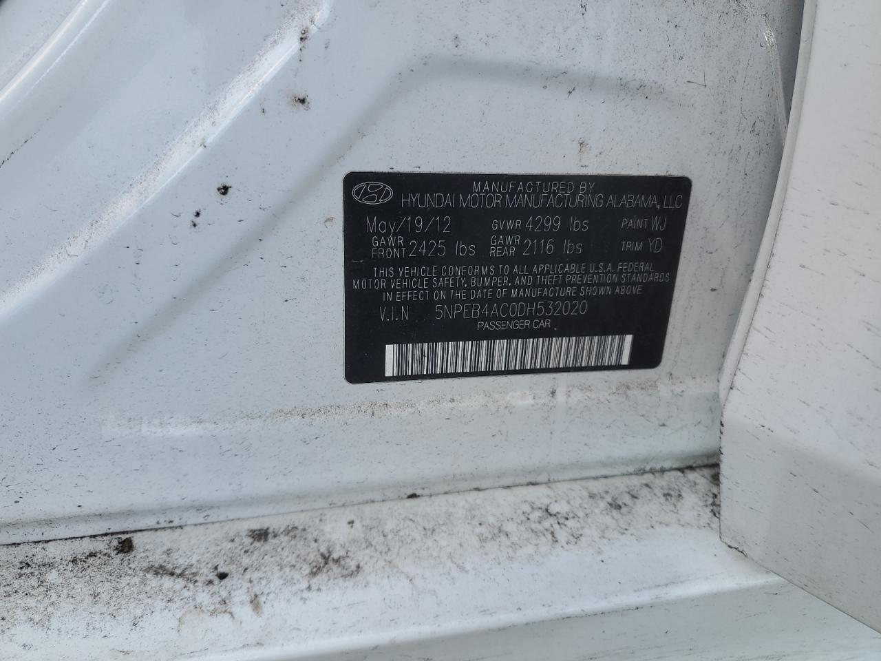 2013 Hyundai Sonata VIN 5NPEB4AC0DH532020 Copart auction photo, front end / minor dent/scratches damage thumbnail 12