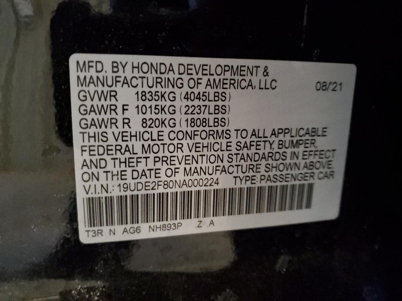 2022 Acura ILX VIN 19UDE2F80NA000224 Copart auction photo, all over damage thumbnail 12