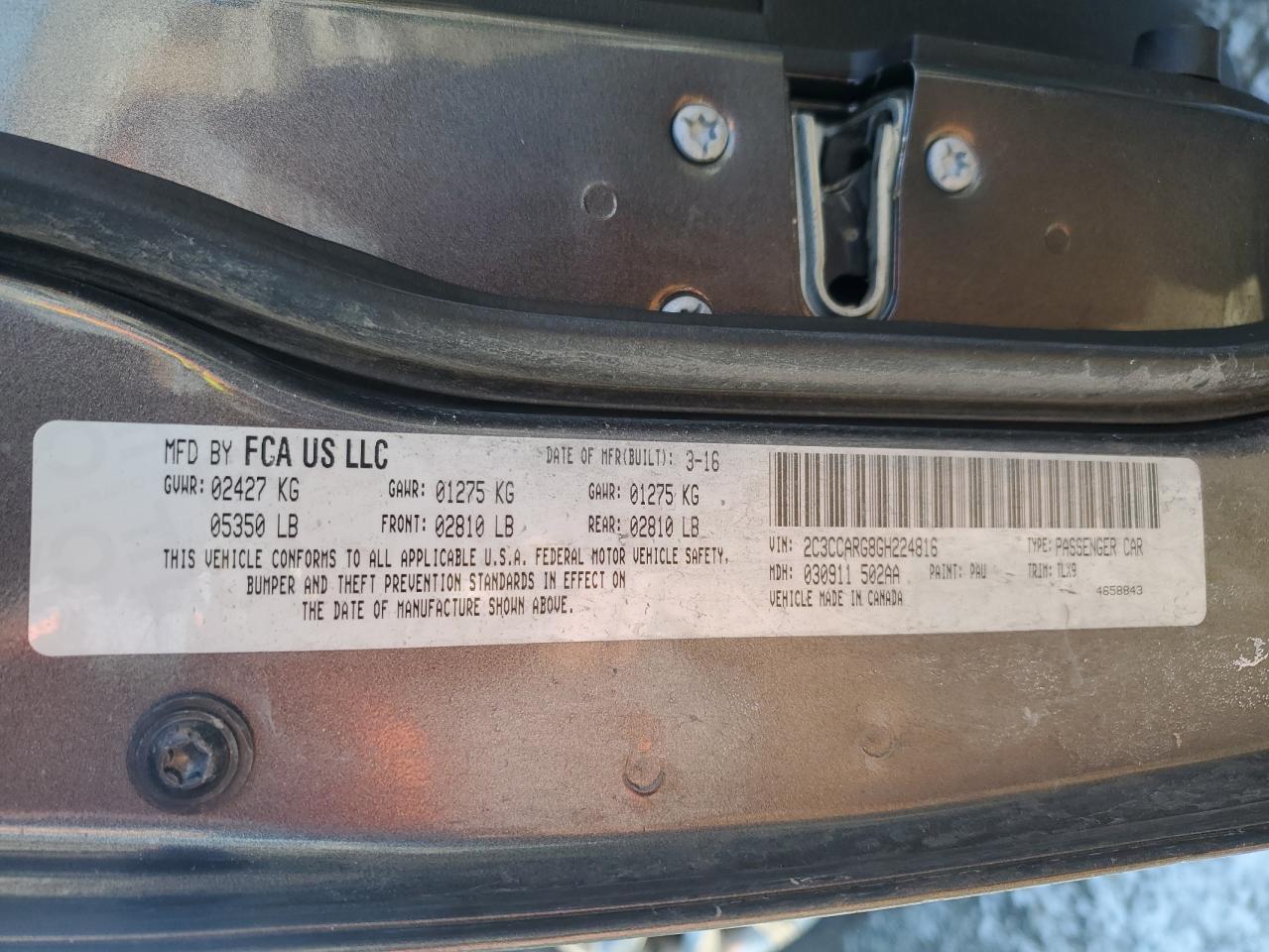 2016 Chrysler 300 VIN 2C3CCARG8GH224816 Copart auction photo, front end / side damage thumbnail 12