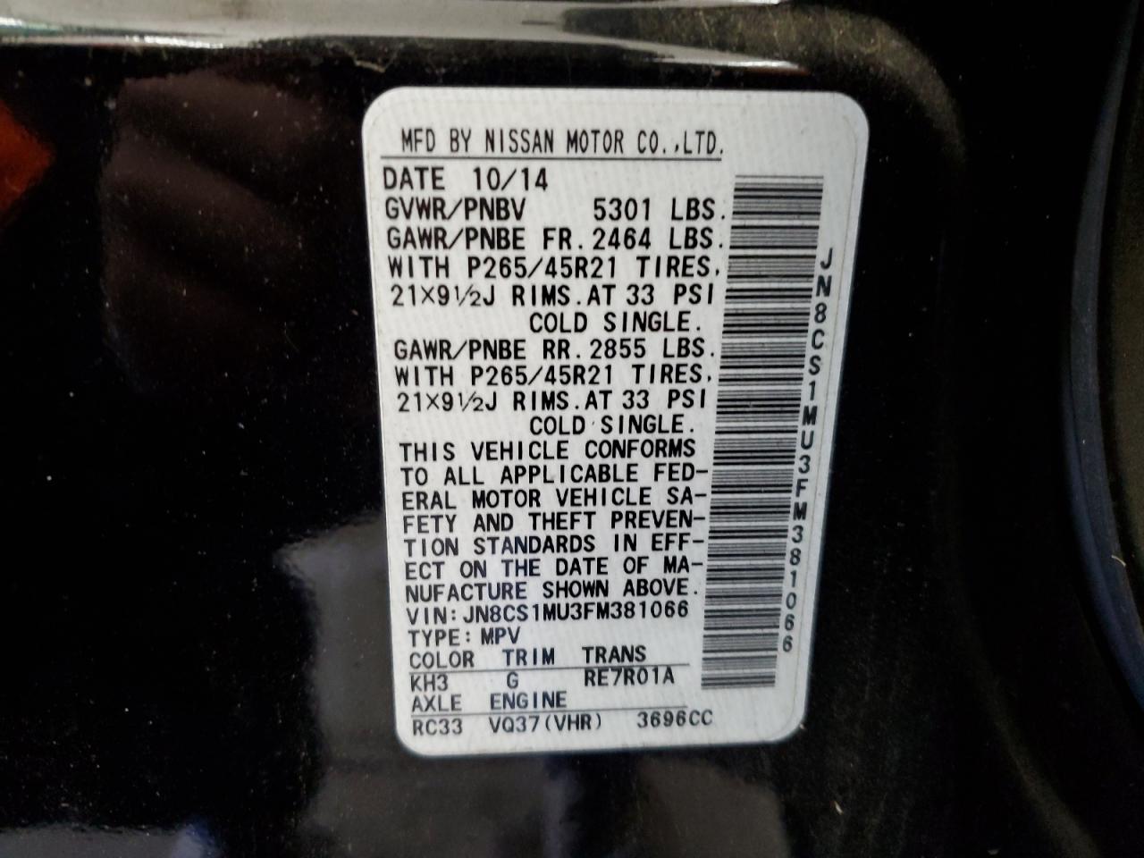 2015 Infiniti QX70 VIN JN8CS1MU3FM381066 Copart auction photo, front end / minor dent/scratches damage thumbnail 14