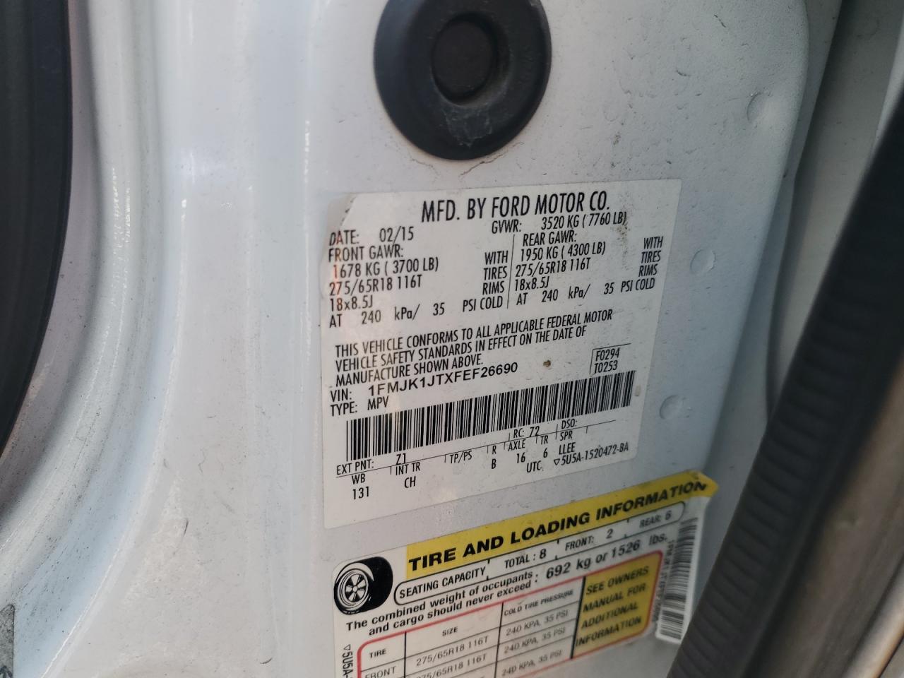 2015 Ford Expedition VIN 1FMJK1JTXFEF26690 Copart auction photo, side damage thumbnail 13
