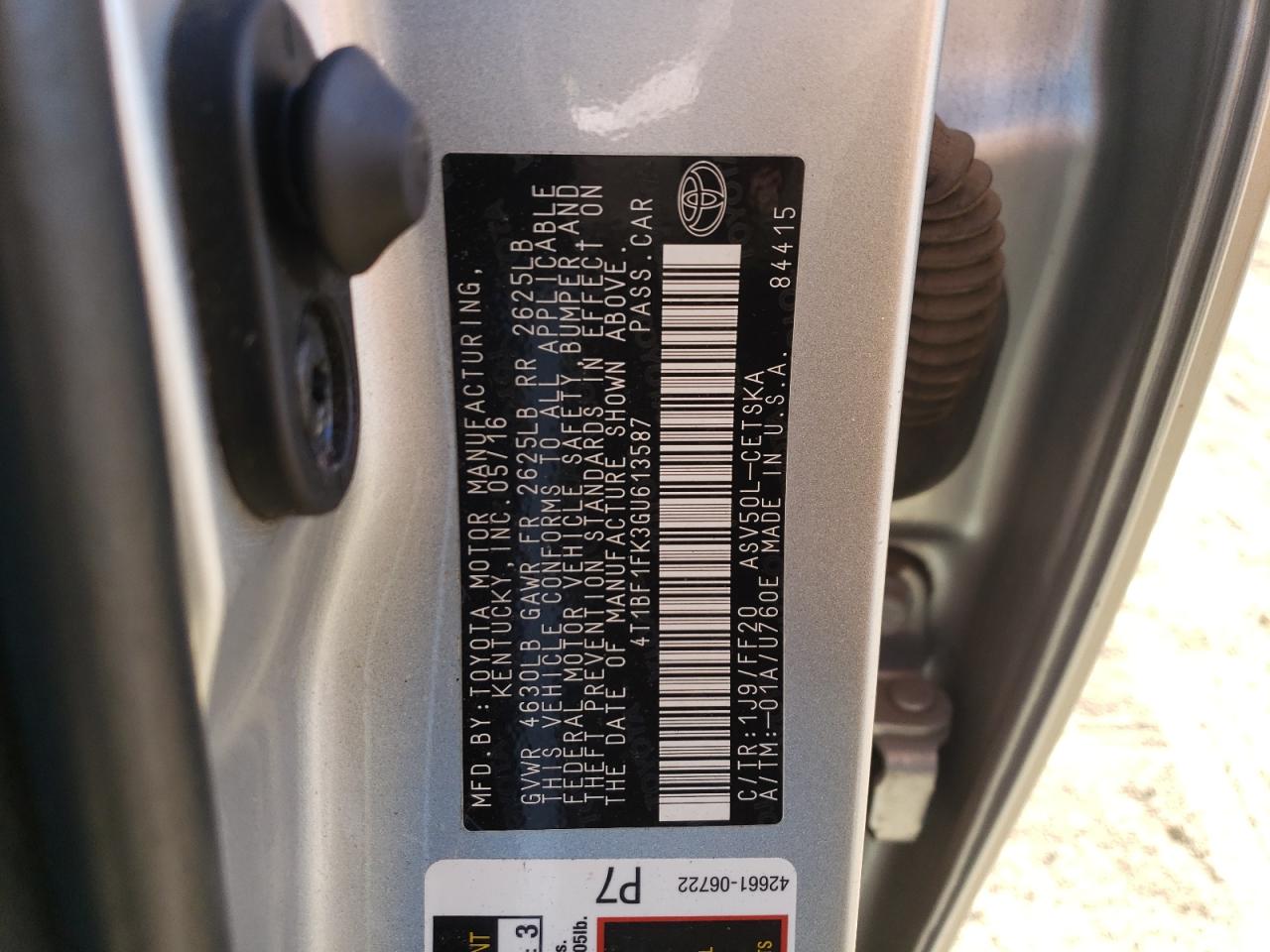 2016 Toyota Camry VIN 4T1BF1FK3GU613587 Copart auction photo, front end / side damage thumbnail 12