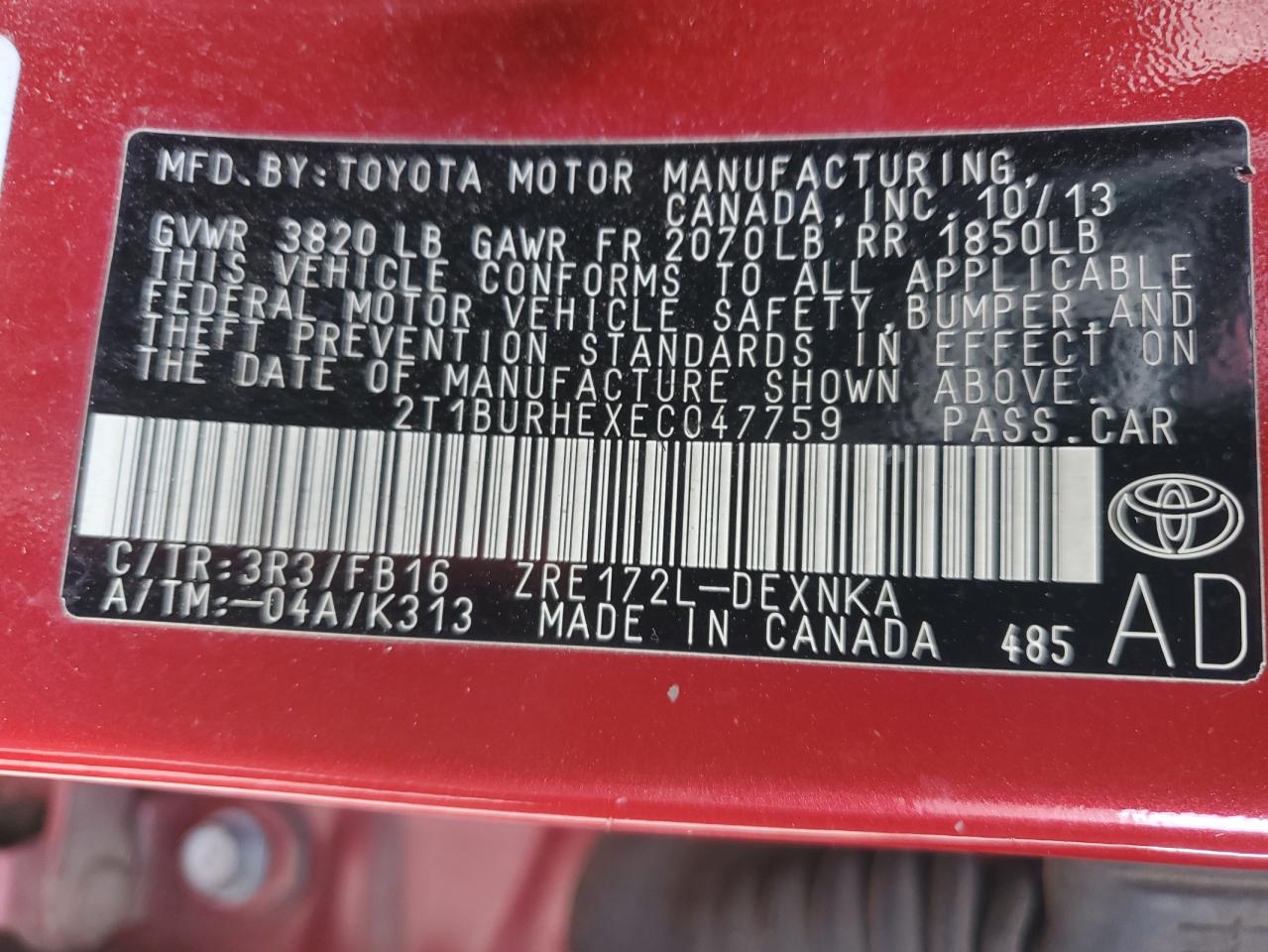 2014 Toyota Corolla VIN 2T1BURHEXEC047759 Copart auction photo, front end damage thumbnail 12