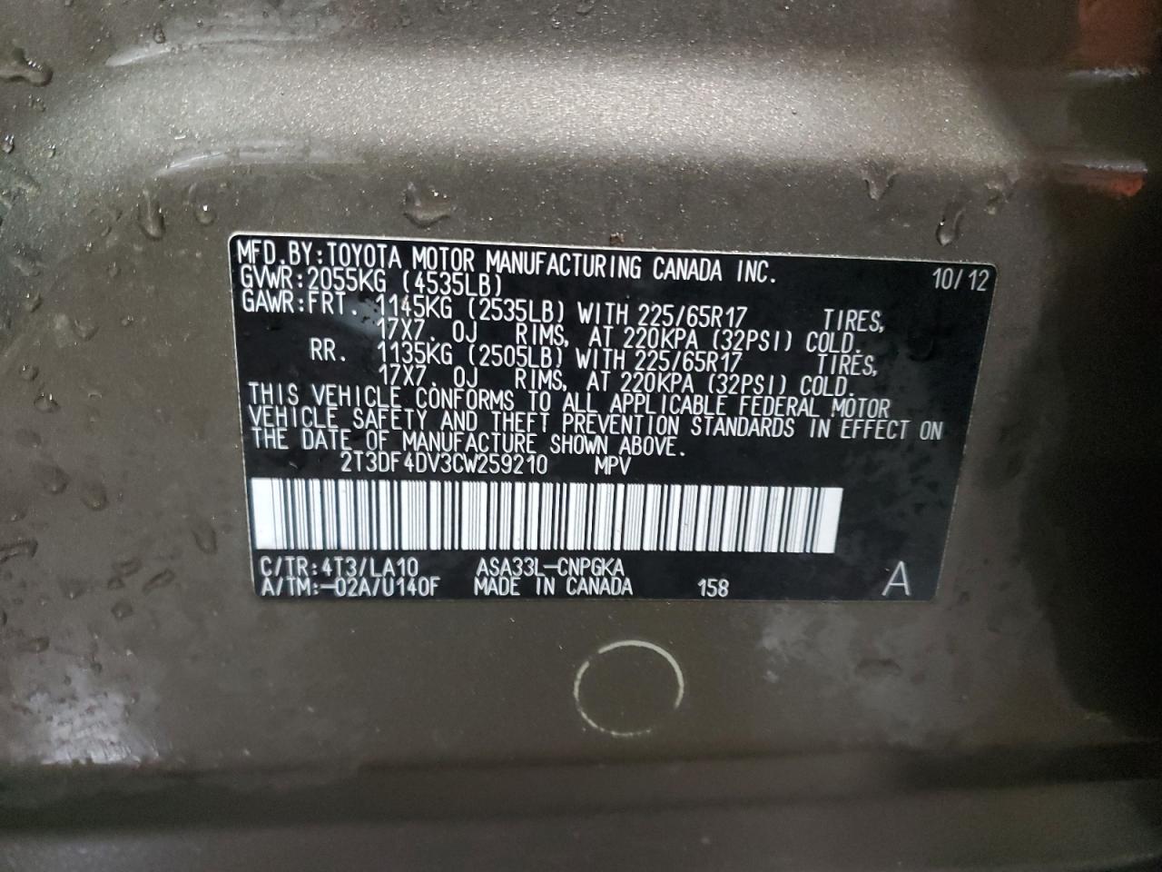2012 Toyota RAV 4 VIN 2T3DF4DV3CW259210 Copart auction photo, front end damage thumbnail 14