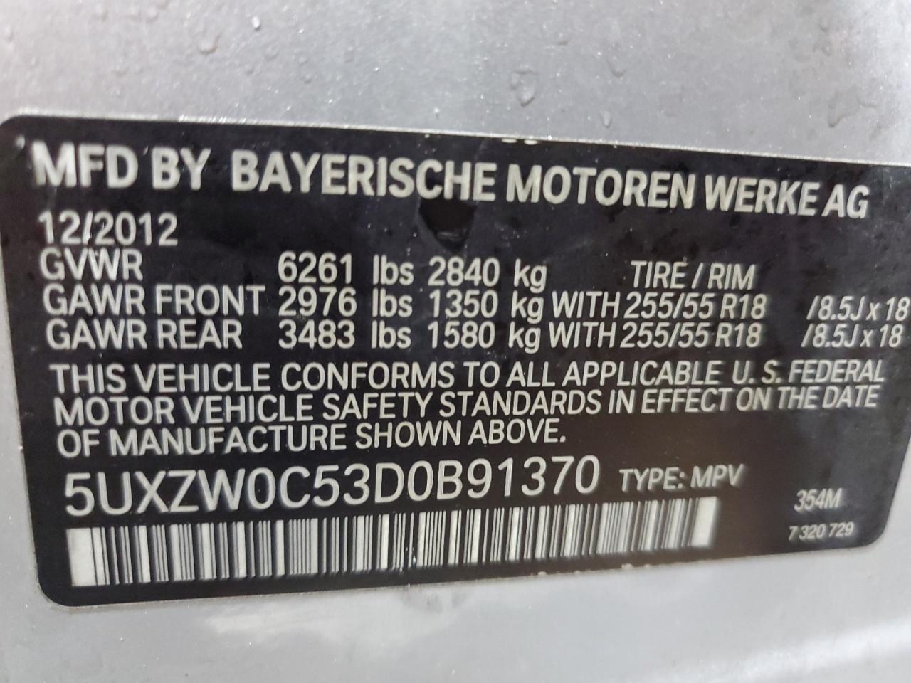 2013 BMW X5 VIN 5UXZW0C53D0B91370 Copart auction photo, side / front end damage thumbnail 13
