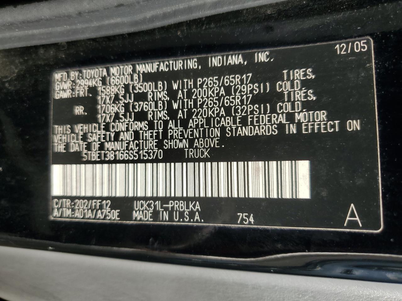 2006 Toyota Tundra VIN 5TBET38166S515370 Copart auction photo, front end damage thumbnail 12