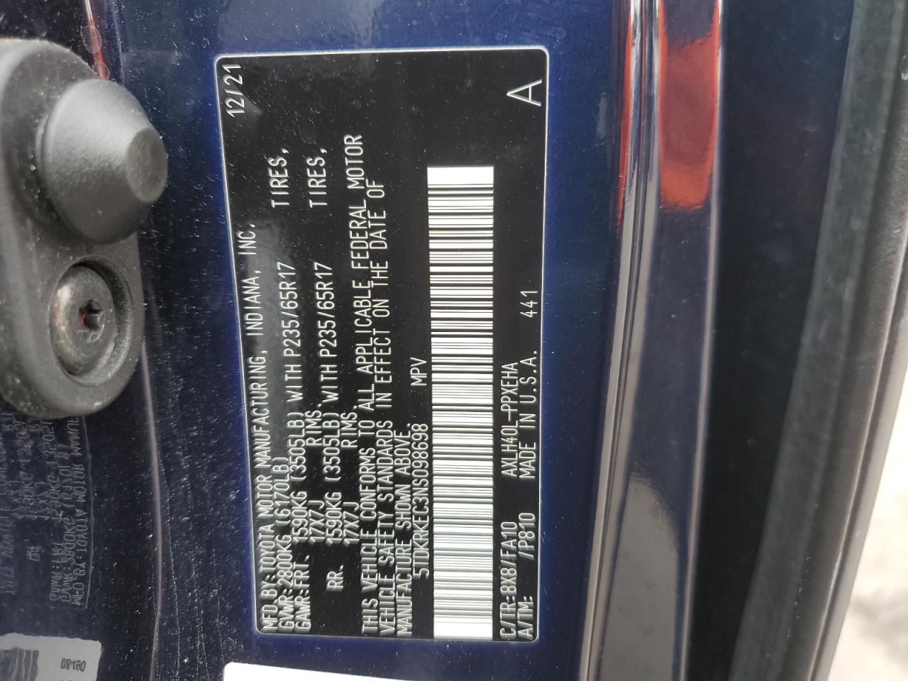 2022 Toyota Sienna VIN 5TDKRKEC3NS098698 Copart auction photo, front end damage thumbnail 14