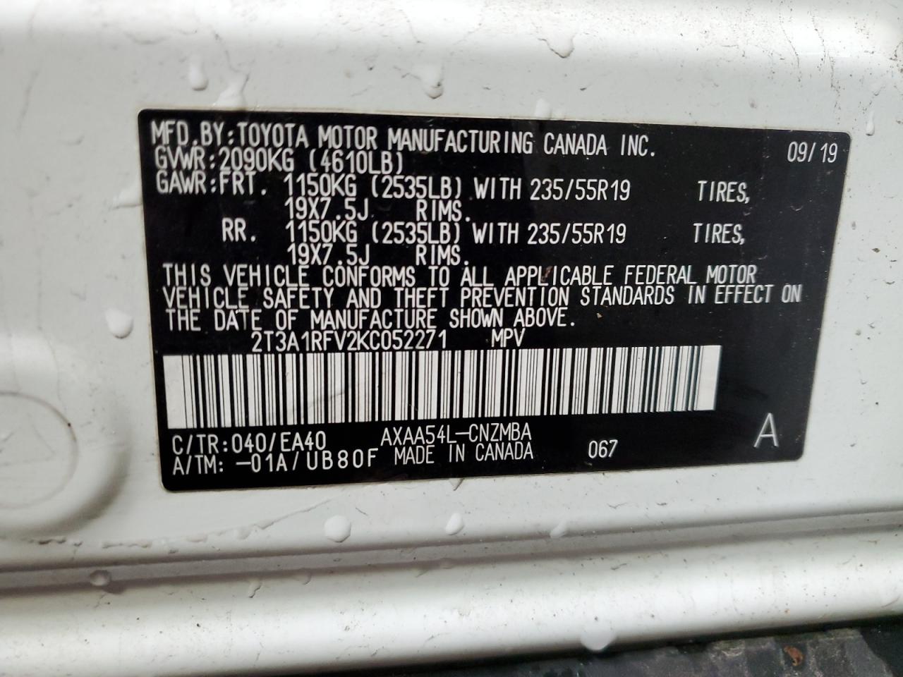 2019 Toyota RAV 4 VIN 2T3A1RFV2KC052271 Copart auction photo, front end damage thumbnail 13