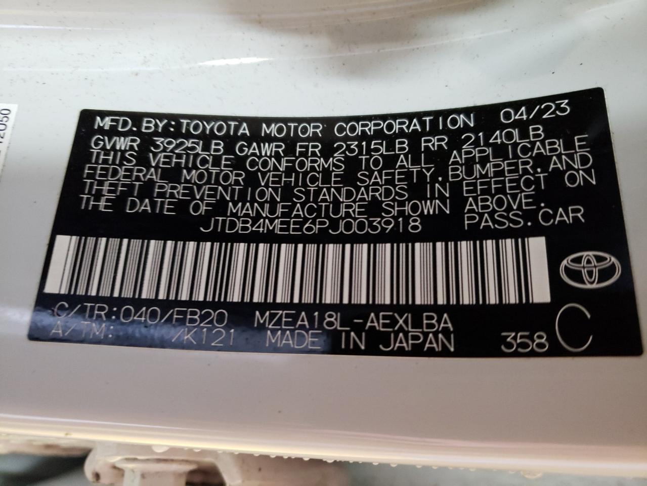 2023 Toyota Corolla VIN JTDB4MEE6PJ003918 Copart auction photo, all over damage thumbnail 12