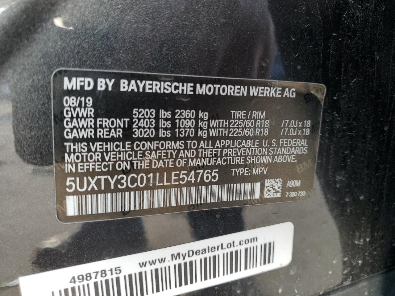 2020 BMW X3 VIN 5UXTY3C01LLE54765 Copart auction photo, front end damage thumbnail 13
