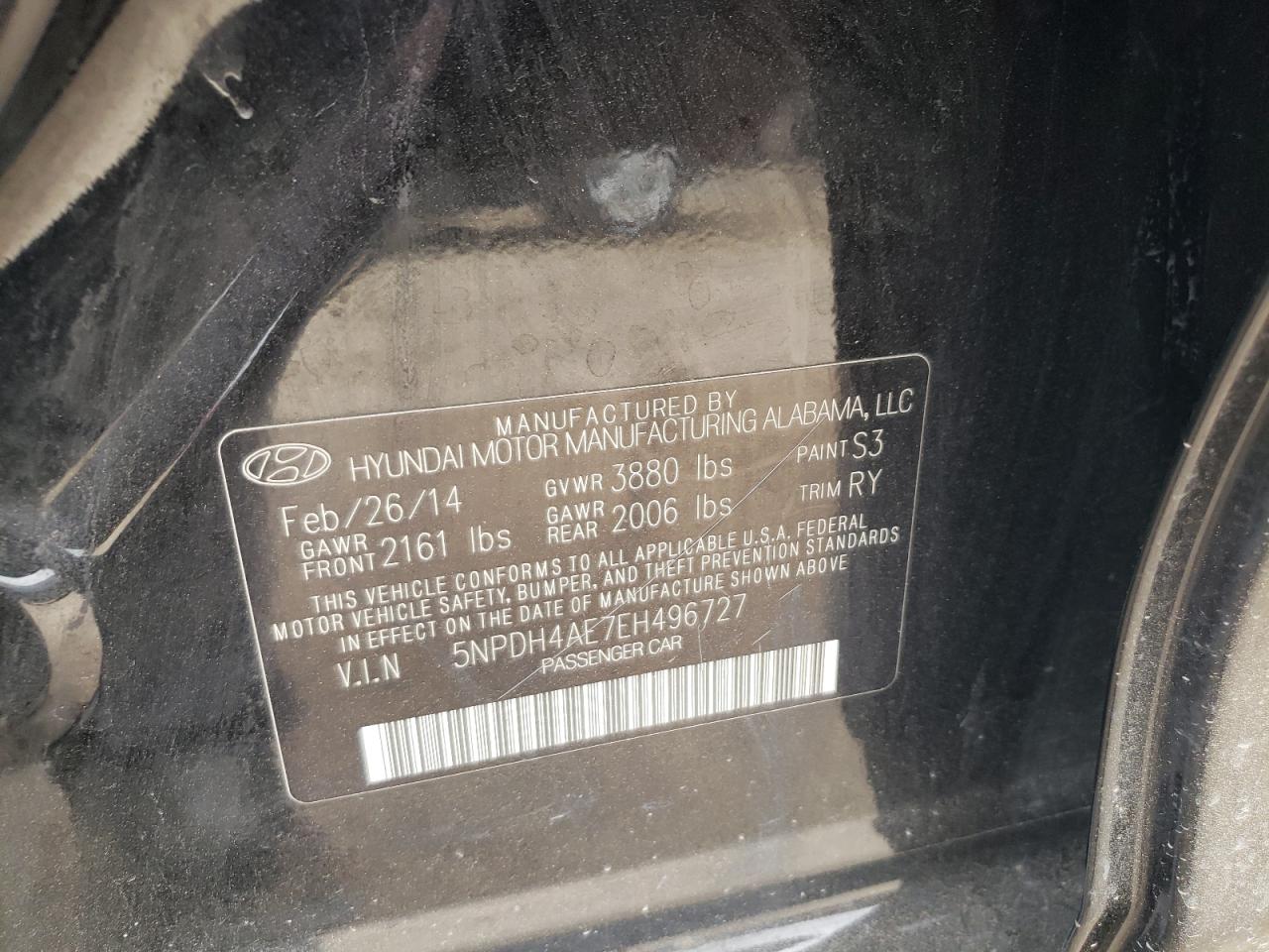 2014 Hyundai Elantra VIN 5NPDH4AE7EH496727 Copart auction photo, vandalism / minor dent/scratches damage thumbnail 12