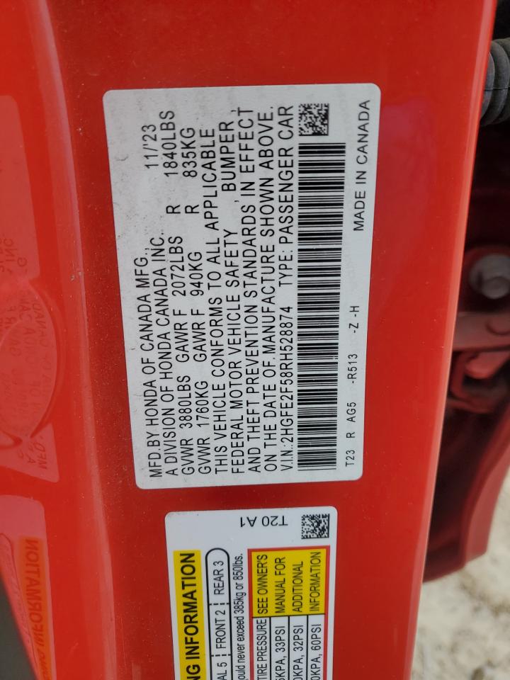 2024 Honda Civic VIN 2HGFE2F58RH528874 Copart auction photo, front end / rear end damage thumbnail 14