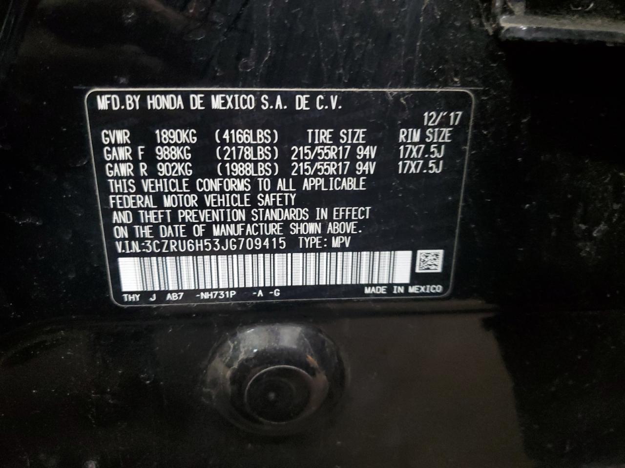 2018 Honda HR-V VIN 3CZRU6H53JG709415 Copart auction photo, all over damage thumbnail 14