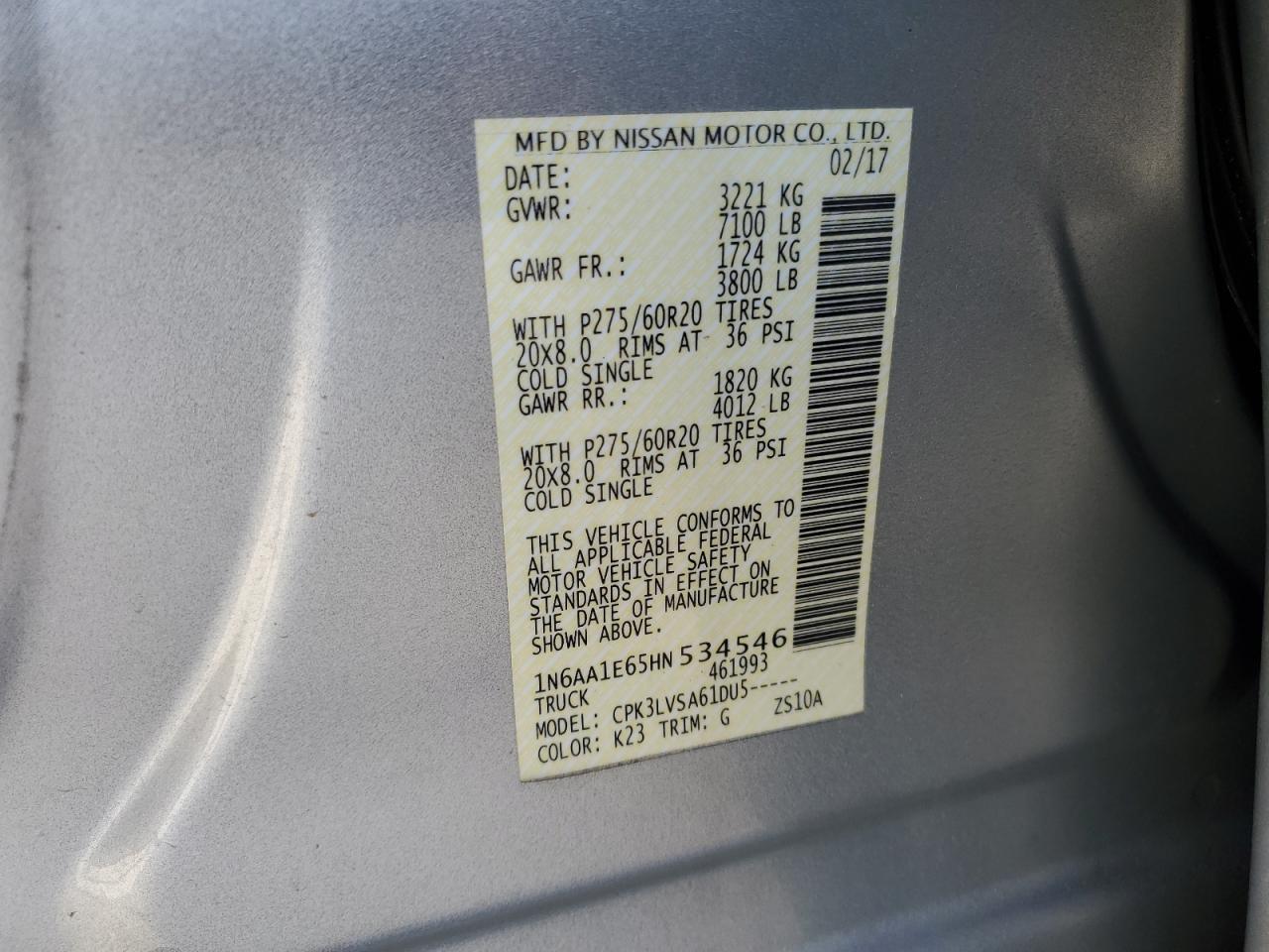 2017 Nissan Titan VIN 1N6AA1E65HN534546 Copart auction photo, vandalism damage thumbnail 13