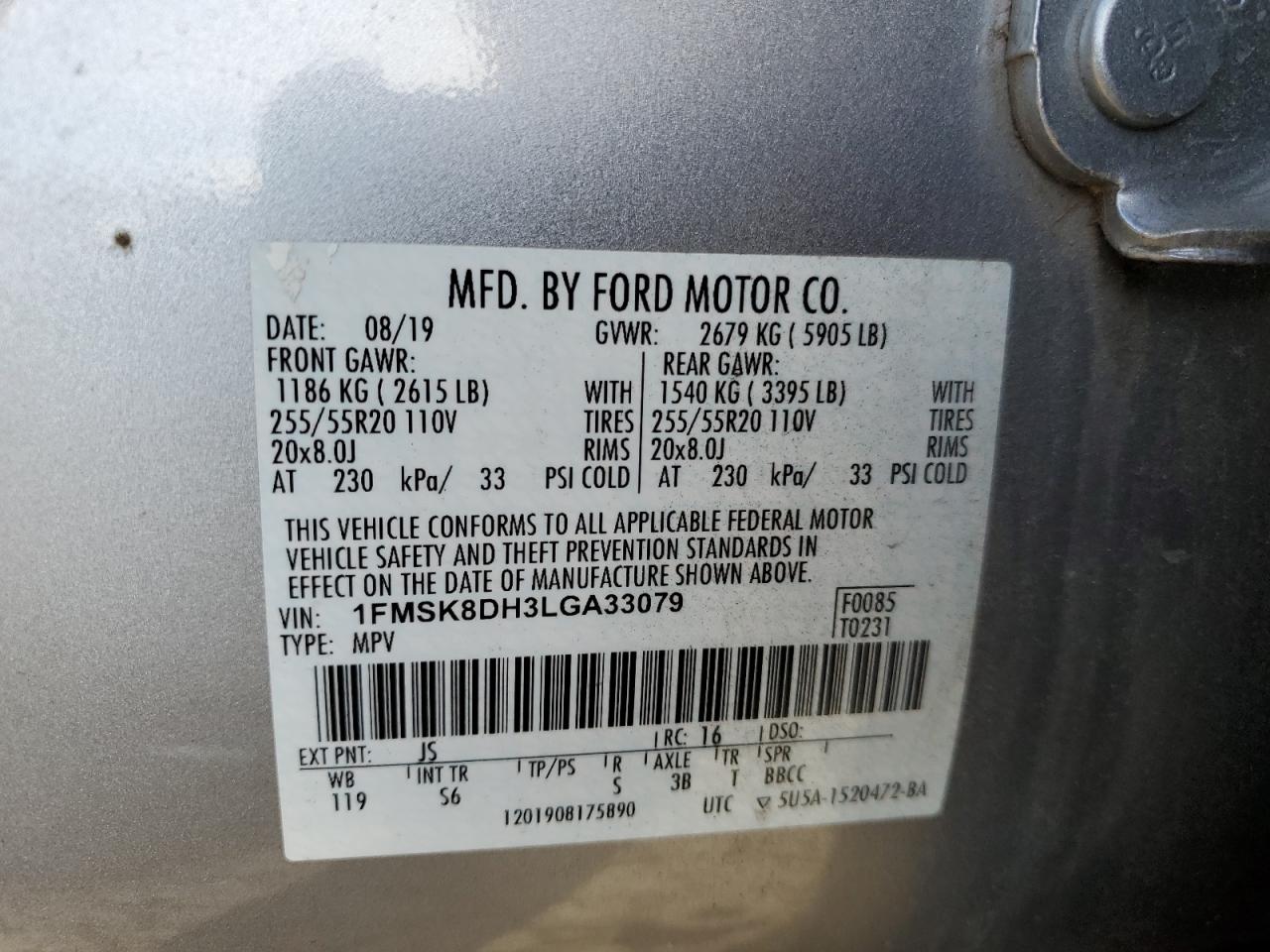 2020 Ford Explorer VIN 1FMSK8DH3LGA33079 Copart auction photo, front end / rear end damage thumbnail 16